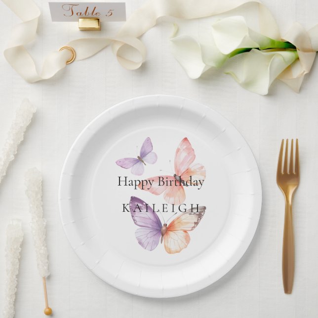 Peach Purple Lavender Butterflies Birthday Paper Plate (Wedding)
