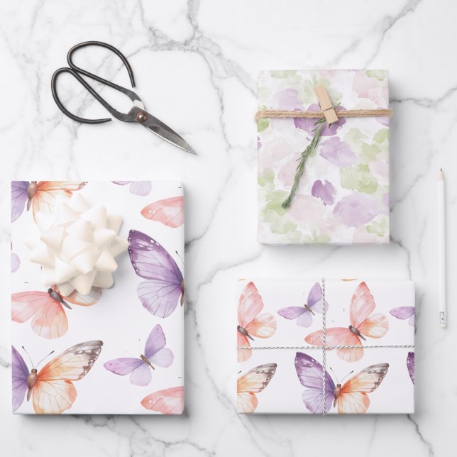 Peach Purple Lavender Butterflies Birthday Wrapping Paper Sheet (Front)