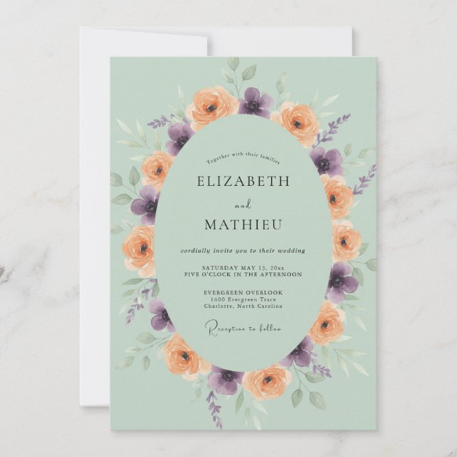 Peach Purple Ranunculus Eucalyptus Wedding Invitation (Front)