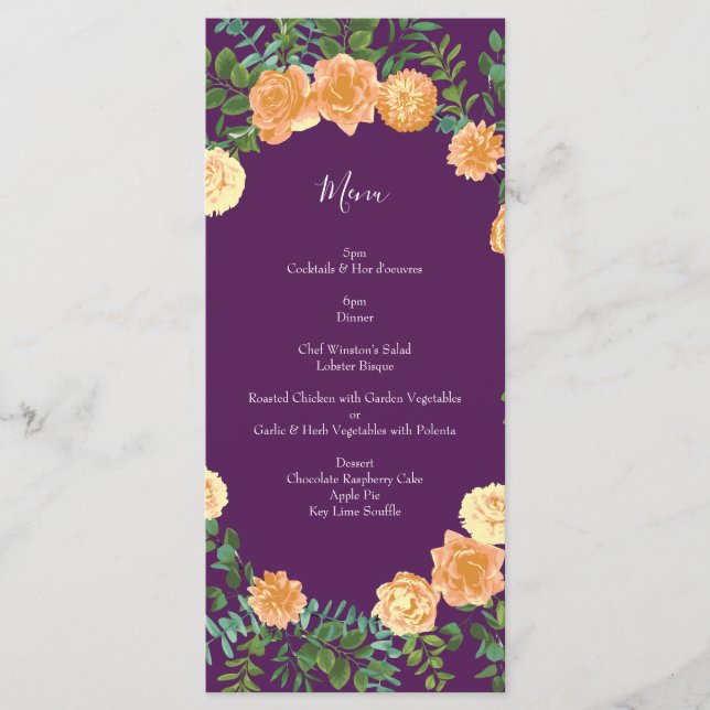 Peach Purple Wedding Floral Roses Menu (Front)