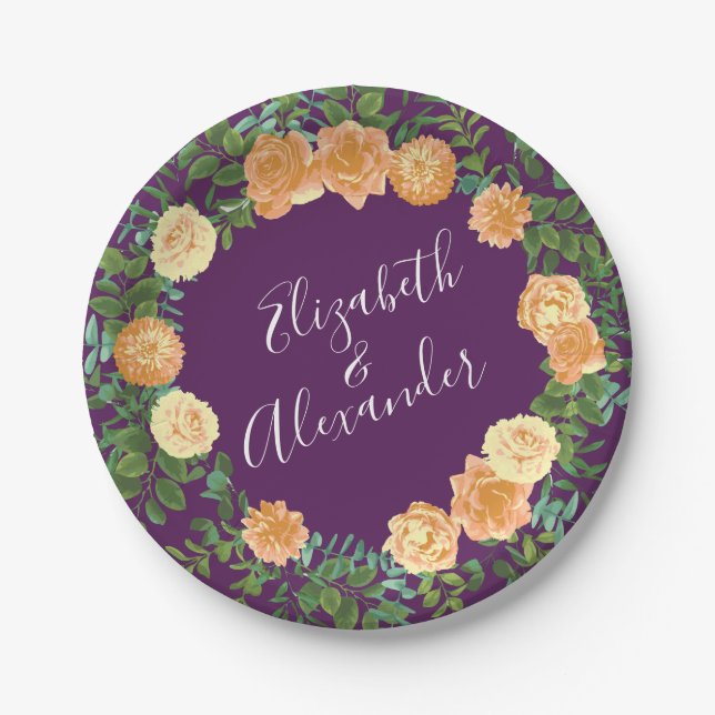 Peach Purple Wedding Floral Roses Paper Plate (Front)