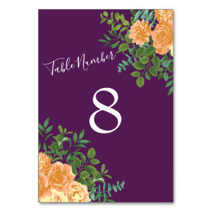 Peach Purple Wedding Floral Roses Table Number