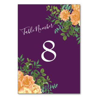 Peach Purple Wedding Floral Roses Table Number