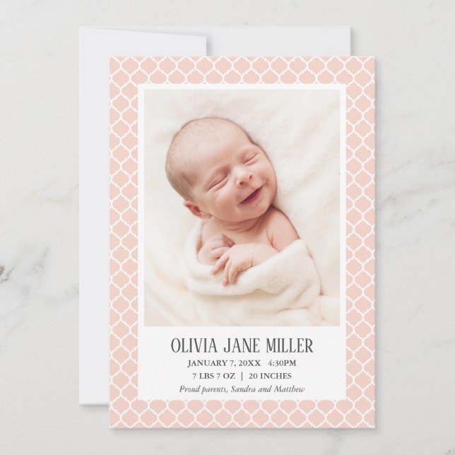 Peach Quatrefoil Baby Birth Announcement Photo (Front)
