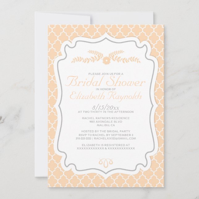 Peach Quatrefoil Bridal Shower Invitations (Front)
