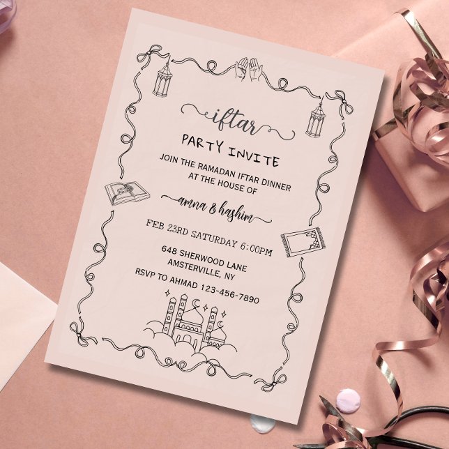 Peach Ramadan Bow doodle ramadan iftar invitation (Creator Uploaded)