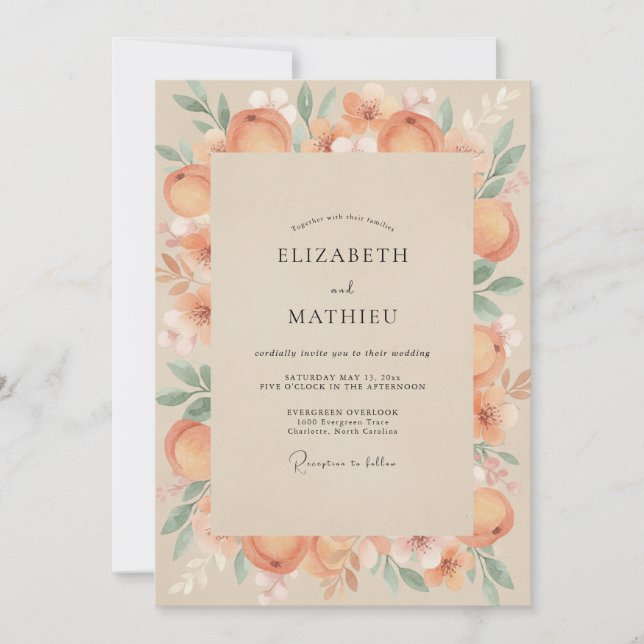 Peach Ranunculus Foliage Eucalyptus Wedding Invitation (Front)