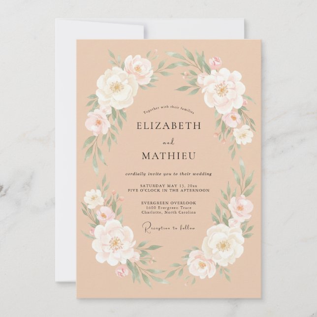 Peach Ranunculus Wreath Wedding Invitation (Front)