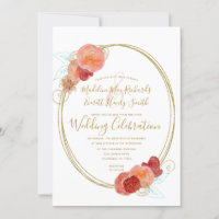 Peach Red Gold Floral Wreath Wedding Invitation