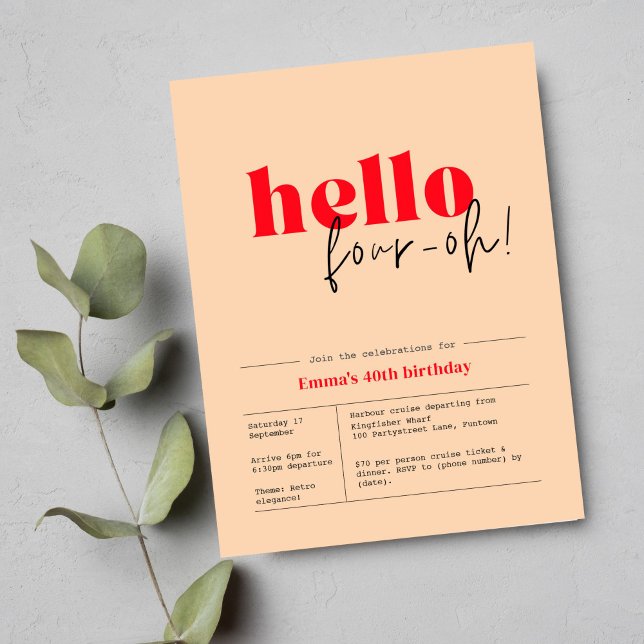 Peach & Red minimalist "hello, four-oh!" 40th bday Postcard (Creator Uploaded)