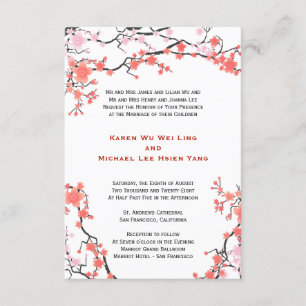 Peach Red & Pink Cherry Blossoms Oriental Wedding Invitation