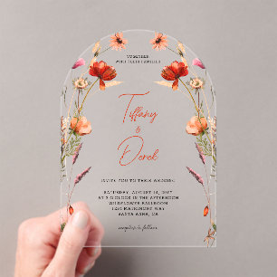 Peach Red Wildflowers Wedding Acrylic Invitations