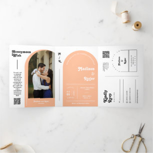 Peach Retro Boho Arch Photo QR Code Wedding Tri-Fold Invitation