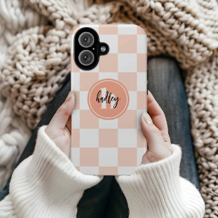 Peach Retro Check Monogram iPhone 16 Case