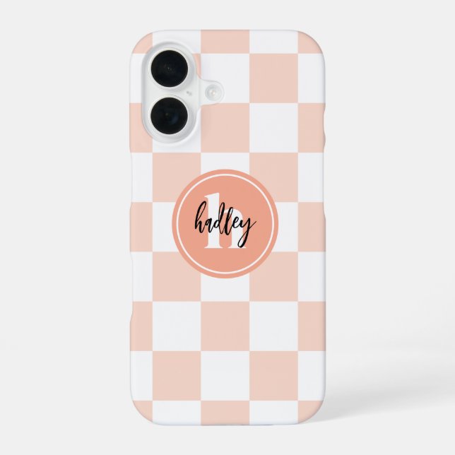 Peach Retro Check Monogram iPhone 16 Case (Back)