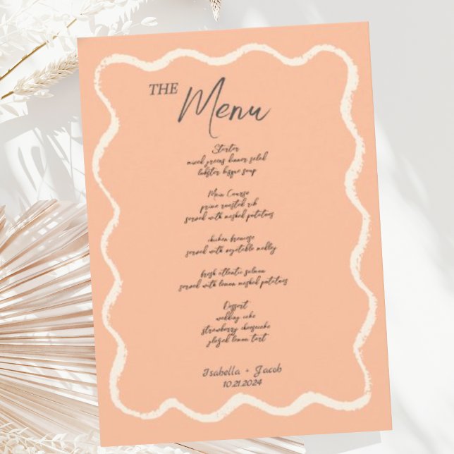 Peach Retro Wavy Squiggle Handwritten Wedding  Menu (Creator Uploaded)
