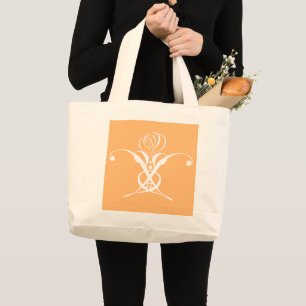 Peach Retro White Flourish Rose Large Tote Bag