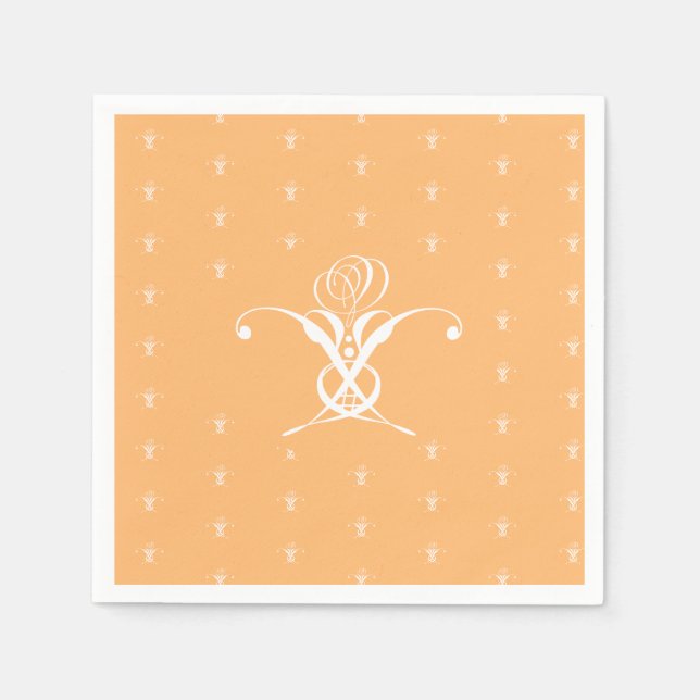 Peach Retro White Flourish Rose Napkin (Front)