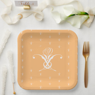 Peach Retro White Flourish Rose Paper Plate