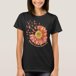 Peach Ribbon Hummingbird Sunflower Uterine Cancer T-Shirt