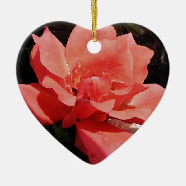 peach rose and dewdrops ceramic tree decoration (Front)