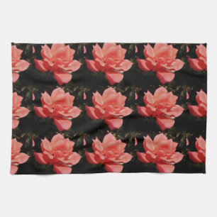 peach rose and dewdrops tea towel