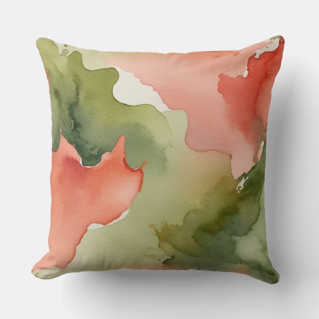 Peach, Rose and Green Watercolor texture Cushion (Front)
