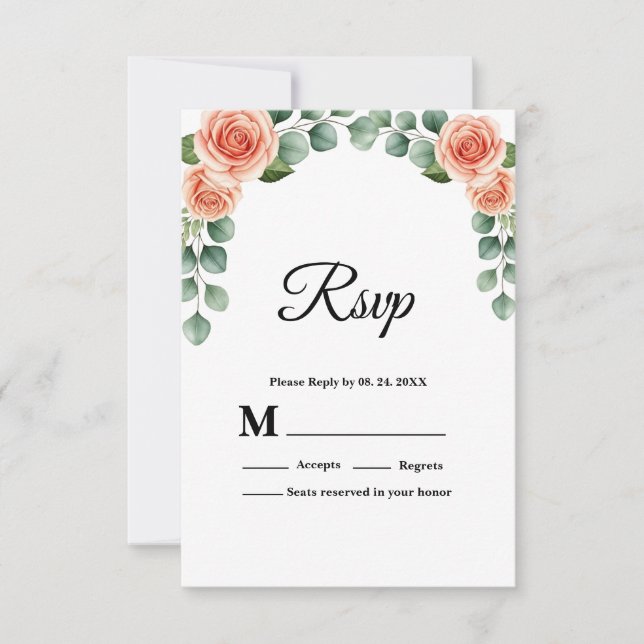 Peach Rose Arched Floral Wedding RSVP Card (Front)