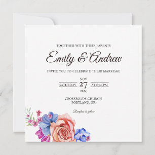 Peach Rose Blue Floral Watercolor Square Wedding Invitation