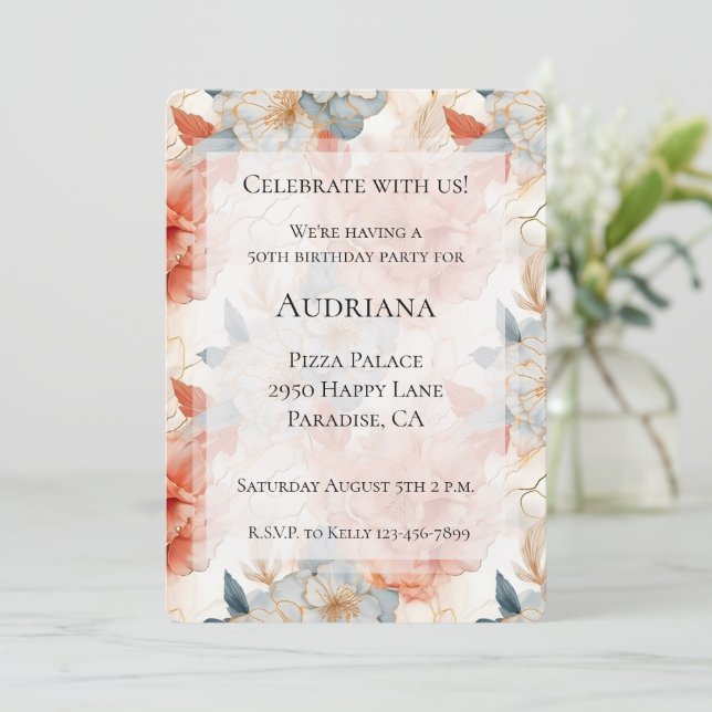 Peach Rose Blue Floral White Marble Birthday Invitation (Standing Front)