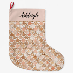 Peach Rose Blush Gold Glitter Mermaid Large Christmas Stocking