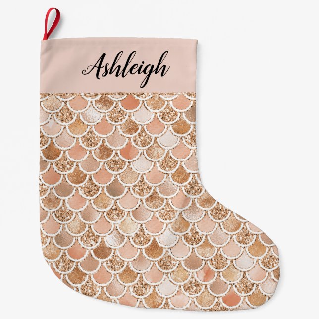 Peach Rose Blush Gold Glitter Mermaid Large Christmas Stocking (Front)