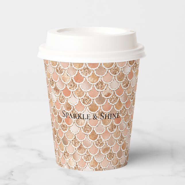 Peach Rose Blush Gold Glitter Mermaid Paper Cups (Front)