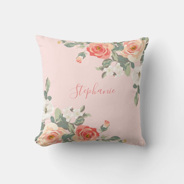 Peach Rose Blush Pink Floral Personalised Cushion (Front)