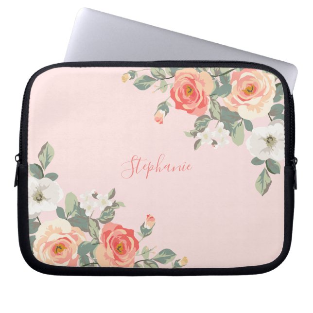 Peach Rose Blush Pink Floral Personalised Laptop Sleeve (Front)
