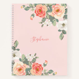 Peach Rose Blush Pink Floral Personalised Notebook
