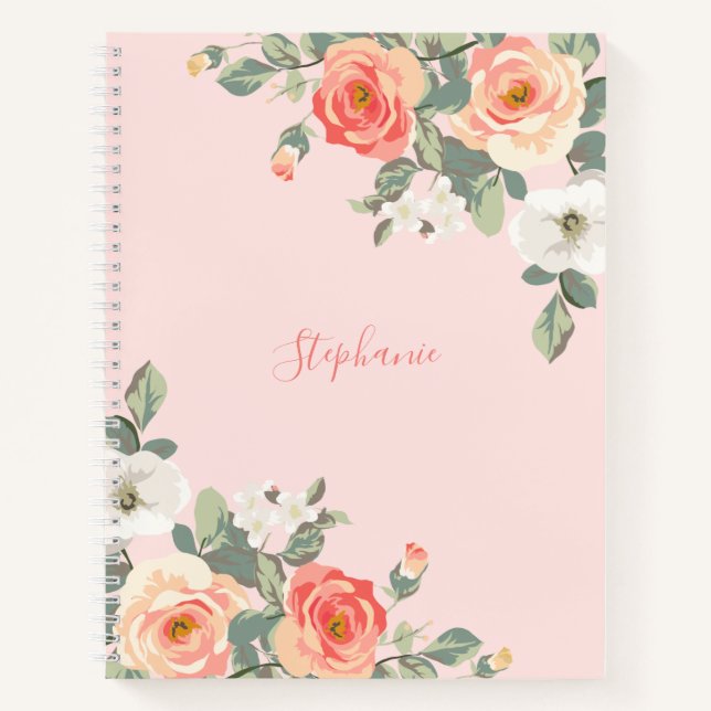 Peach Rose Blush Pink Floral Personalised Notebook (Front)