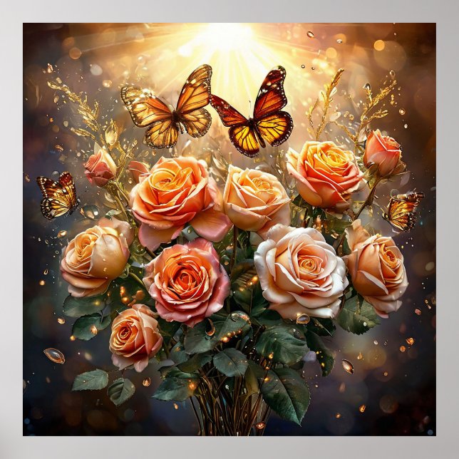 🌹 Peach Rose Butterfly Wall Art Spring Floral (Front)