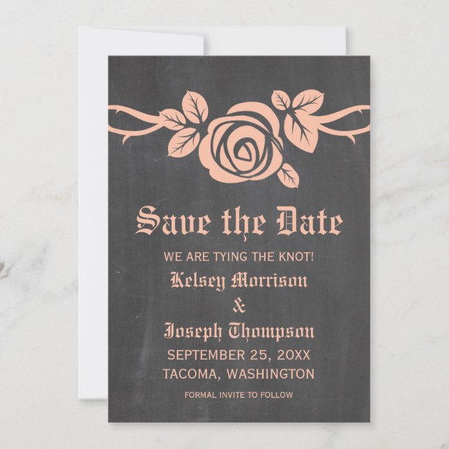 Peach Rose Chalkboard Save the Date Invite (Front)