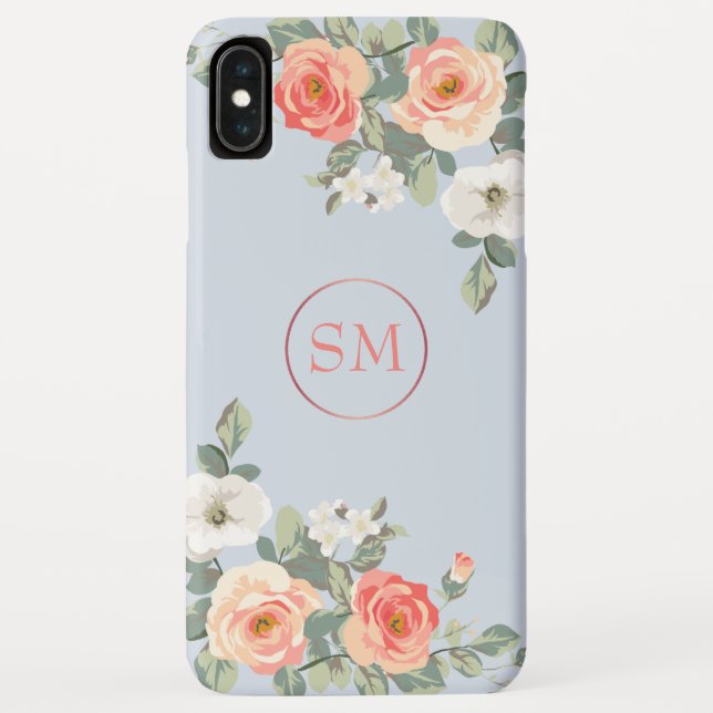 Peach Rose Dusty Blue Floral Monogram Case-Mate iPhone Case (Back)