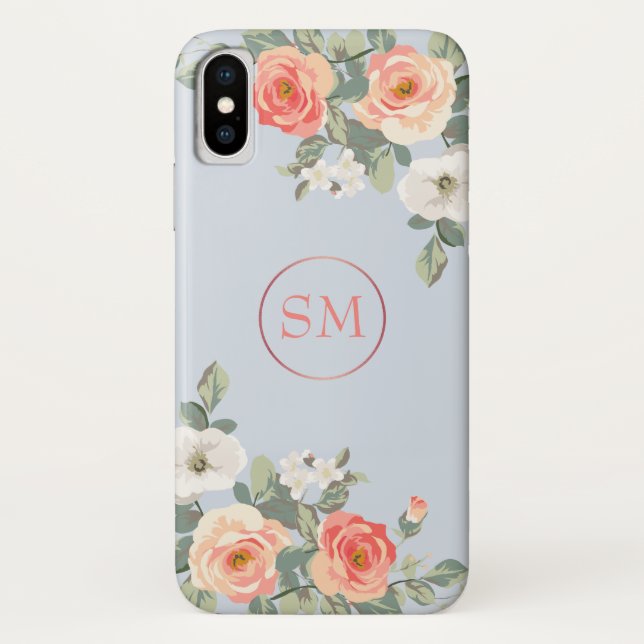 Peach Rose Dusty Blue Floral Monogram Case-Mate iPhone Case (Back)