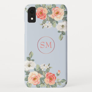 Peach Rose Dusty Blue Floral Monogram Case-Mate iPhone Case