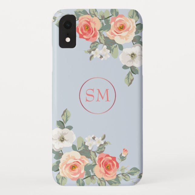 Peach Rose Dusty Blue Floral Monogram Case-Mate iPhone Case (Back)