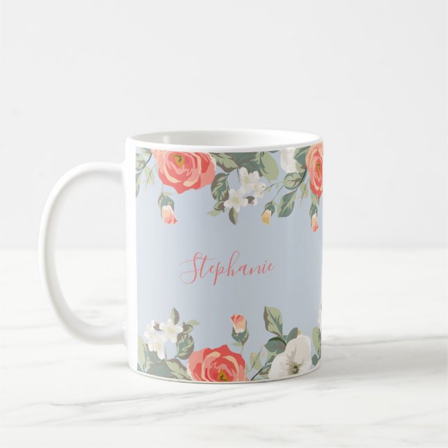 Peach Rose Dusty Blue Floral Personalised Coffee Mug (Left)