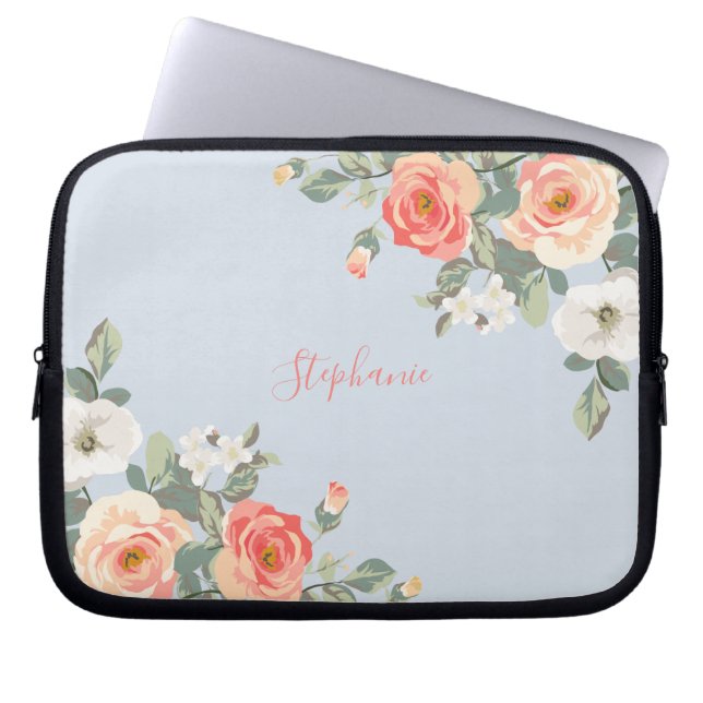 Peach Rose Dusty Blue Floral Personalised Laptop Sleeve (Front)