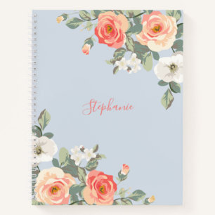 Peach Rose Dusty Blue Floral Personalized Notebook
