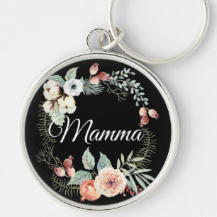 Peach Rose Floral Frame  on Black   Mum Keychain