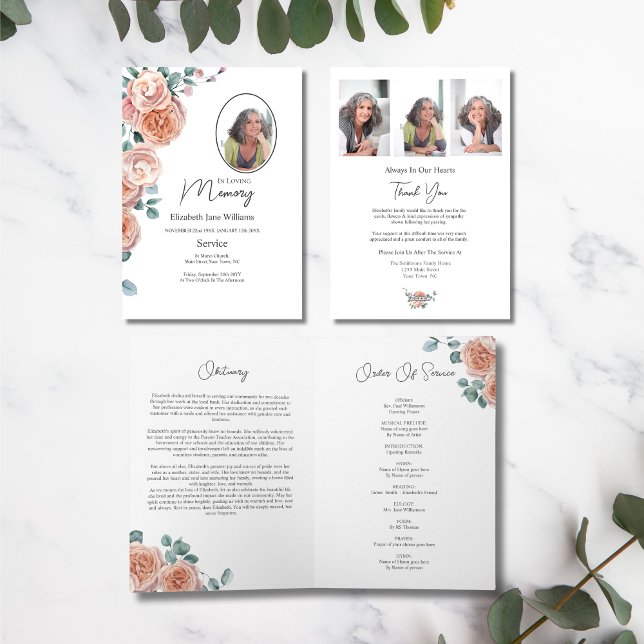 Peach Rose Floral Funeral Order of Service Photo  Card (Creator Uploaded)