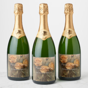 Peach Rose Floral Romantic Wedding Sparkling Wine Label