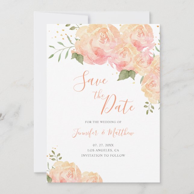 Peach Rose Floral Wedding Save the Date Card (Front)
